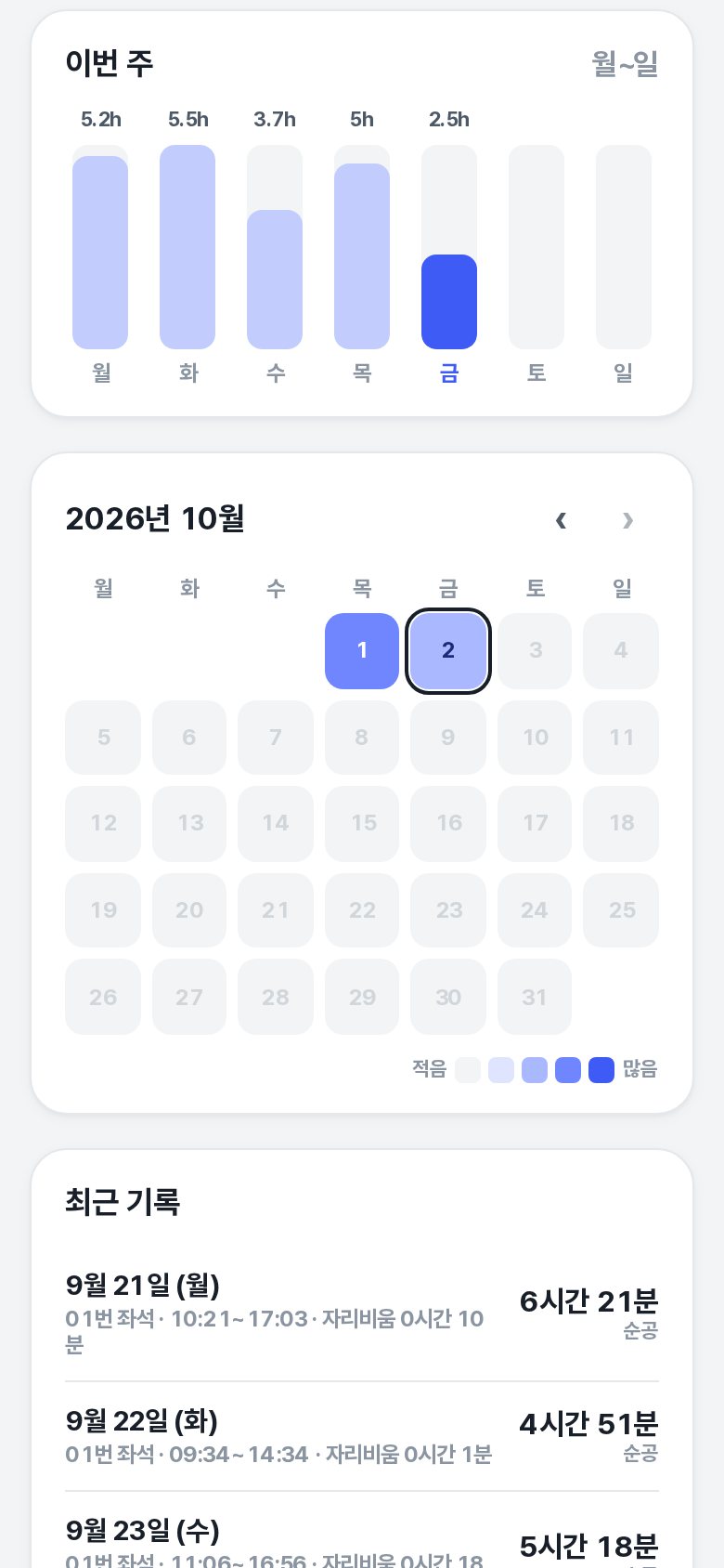 좌석지기 학생 화면 — 이번 주 공부 그래프, 월간 달력, 최근 기록